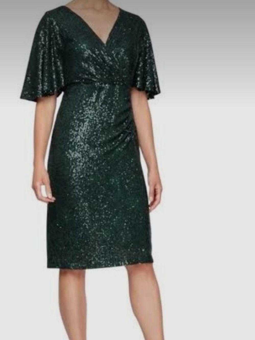 SLNY Dark Green Sequin V-Neck Midi Dress